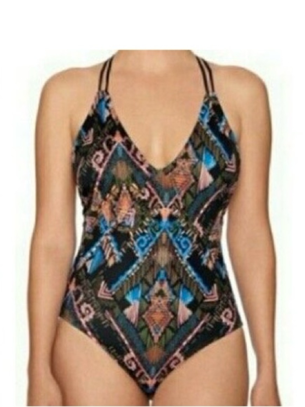 Time and Tru Black One-Piece Swimsuit with Blue, Orange & Pink Geometric Print